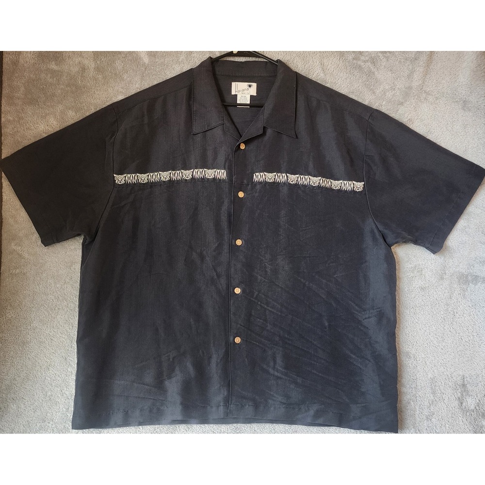 Havana Shirt Co Mens XXL Black Rayon Embroidered Tiki Beach Camp Shirt